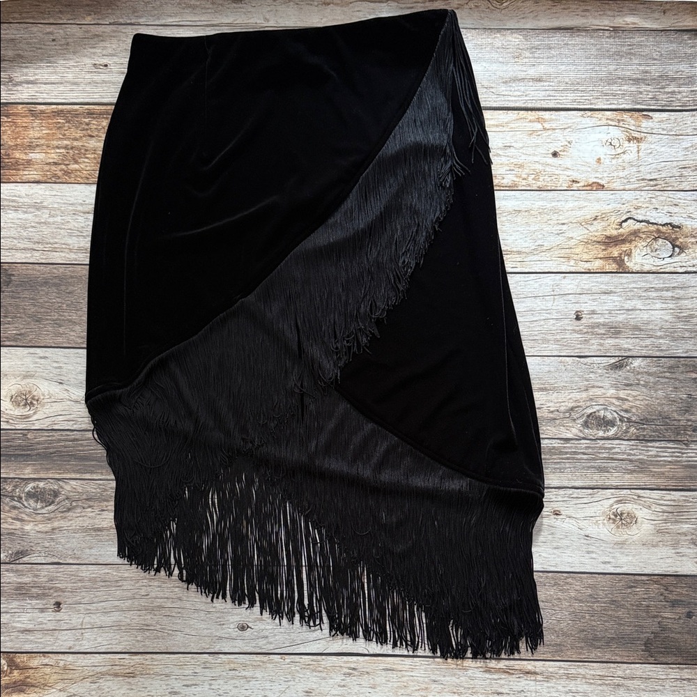Nanette Lepore Black Asymmetrical Velvet Fringe Skirt